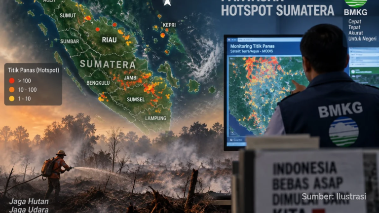 Peta hotspot Sumatera dengan tiga titik di Riau dan dua di Kepri