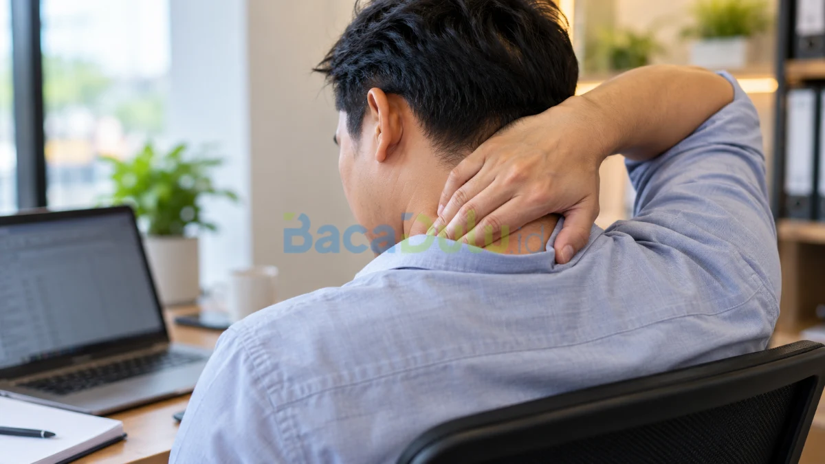 Pria memegang leher dengan ekspresi nyeri sambil duduk di sofa