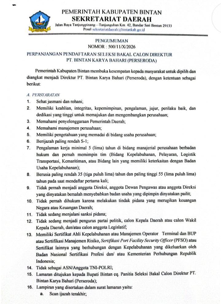 Surat Pengumuman pendaftaran bakal calon Direktur Utama PT Bintan Karya Bahari diperpanjang.