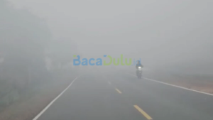 Kabut asap tebal menutupi jalan menuju Tanjung Uban di Bintan