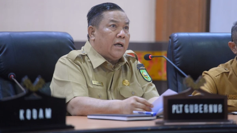 SF Hariyanto berbicara di podium tentang capaian imunisasi anak Riau